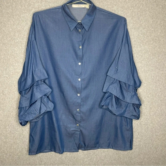 Andree by Unit Chambray Modal Blend Puff Layer Sleeve Button Down Top - Picture 1 of 6